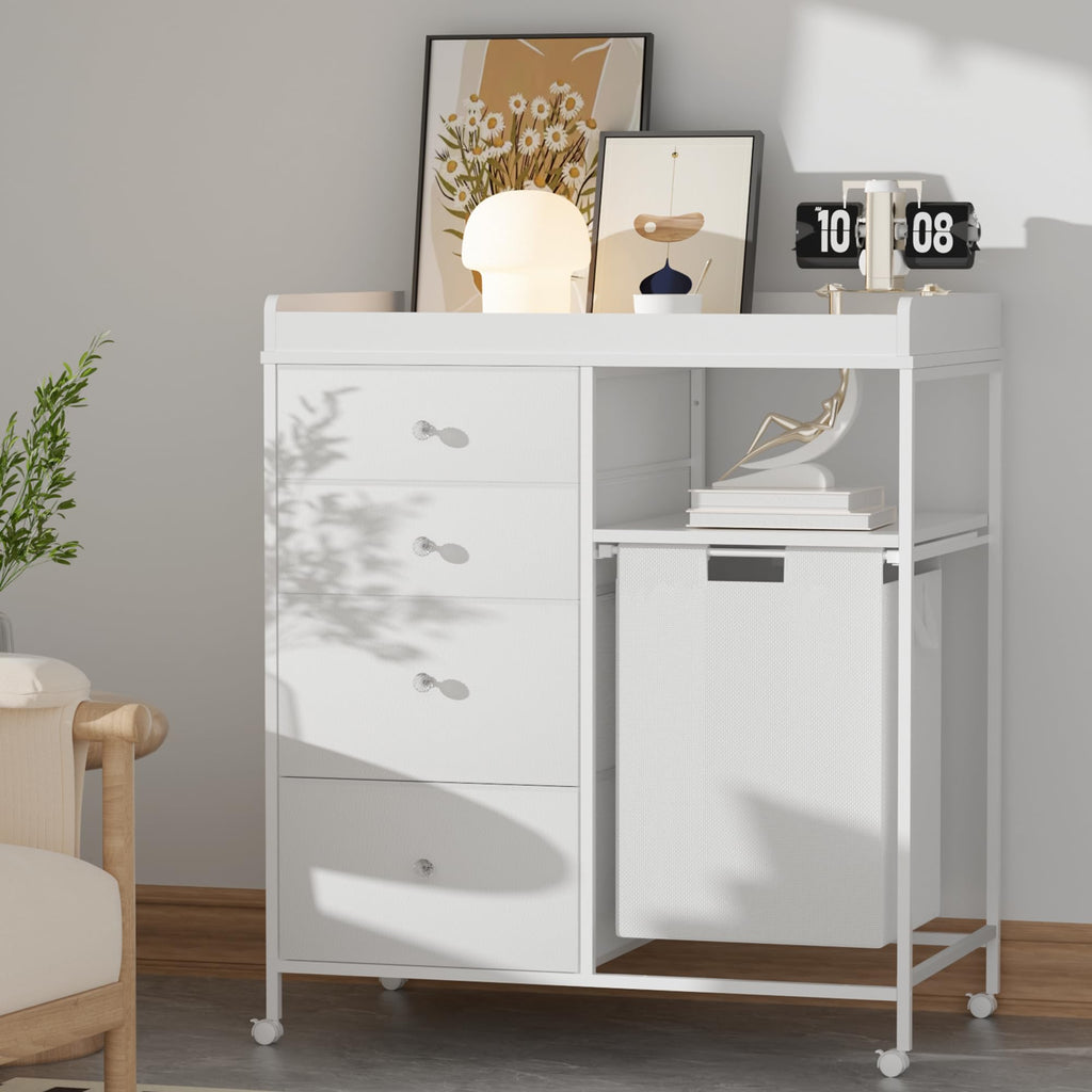 White 4 Drawer Changing Table Dresser with Laundry Hamper X3078