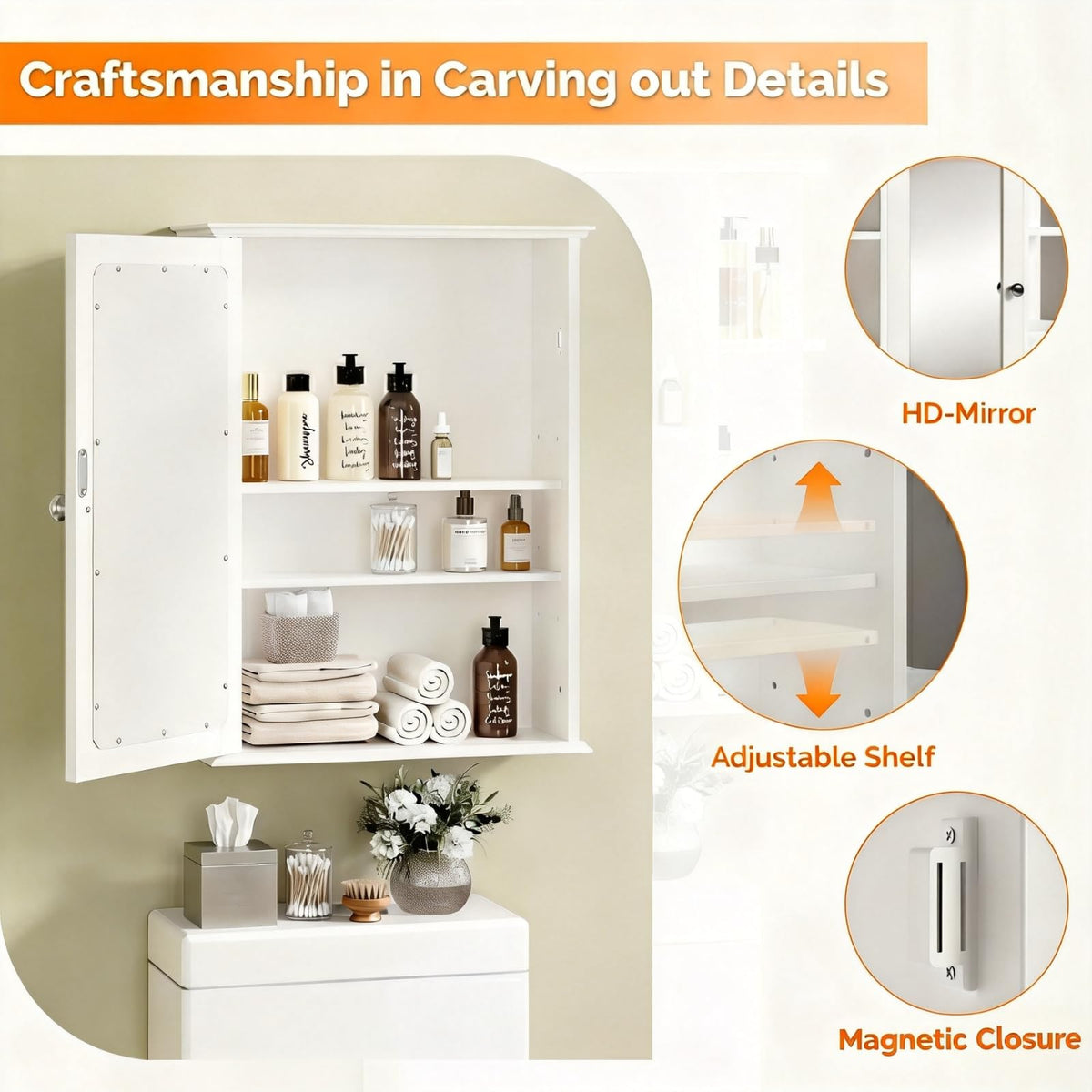 White Mirrored Medicine Cabinet with Single Door and 2 Adjustable Shelves M728104