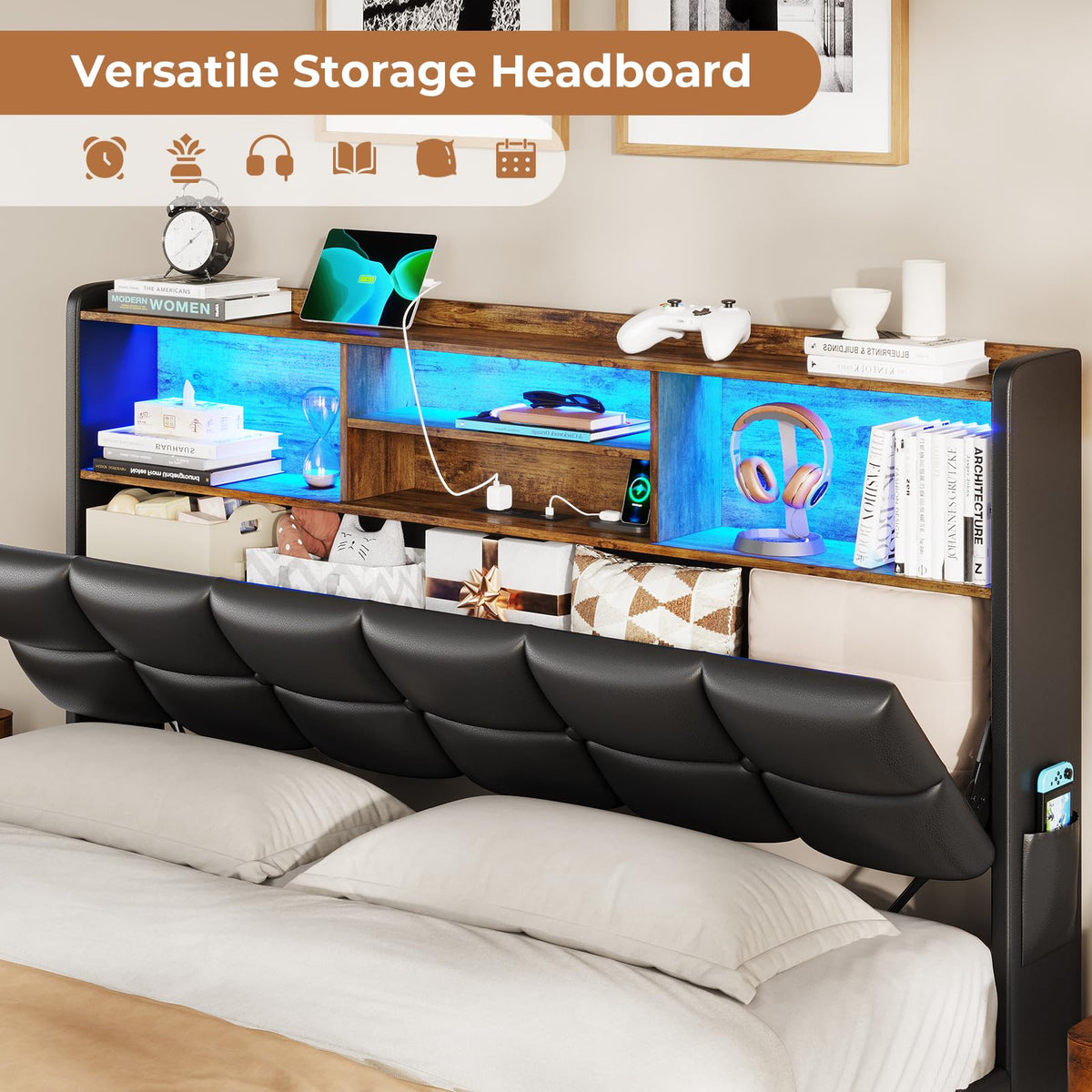 Black Full Size Upholstered Platform Bed Frame with Bookcase Headboard and 4 Drawers P907