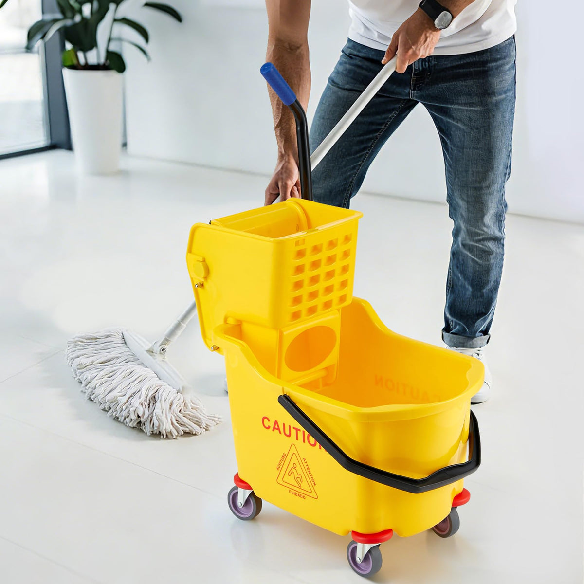 Yellow 35 Quart Commercial Mop Bucket with Side Press Wringer on Wheels V159