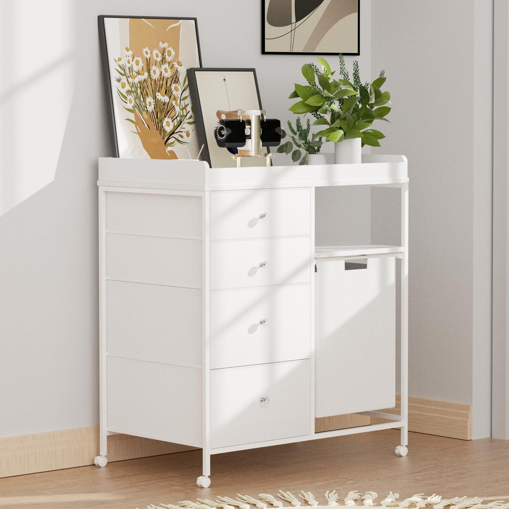 White 4 Drawer Changing Table Dresser with Laundry Hamper X3078