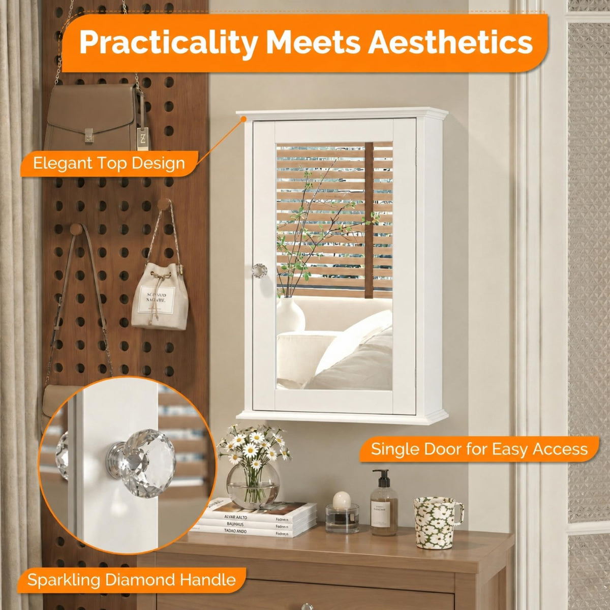 White Mirrored Medicine Cabinet with Single Door and 2 Adjustable Shelves M728104