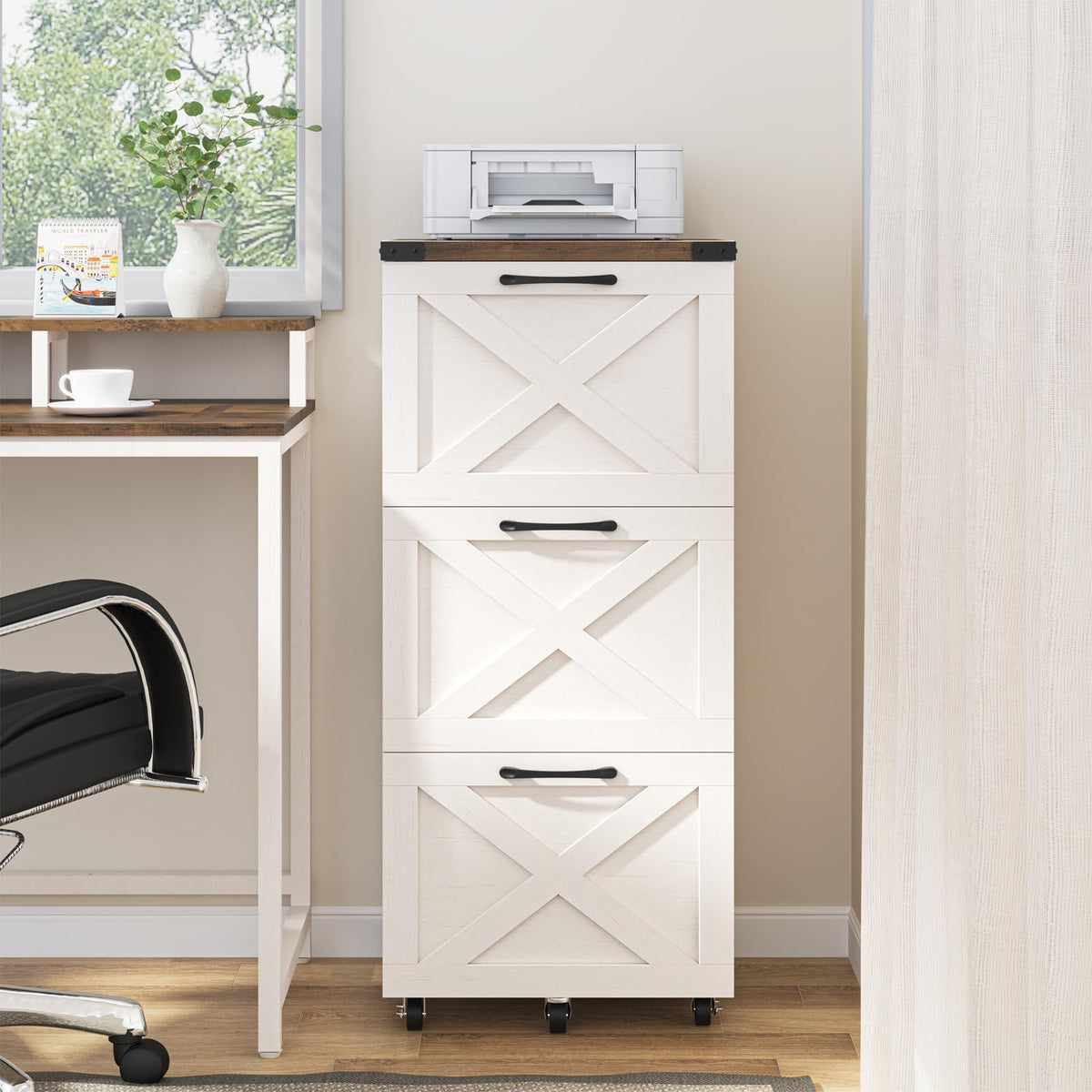 3 Drawer White File Cabinet with Wheels N631