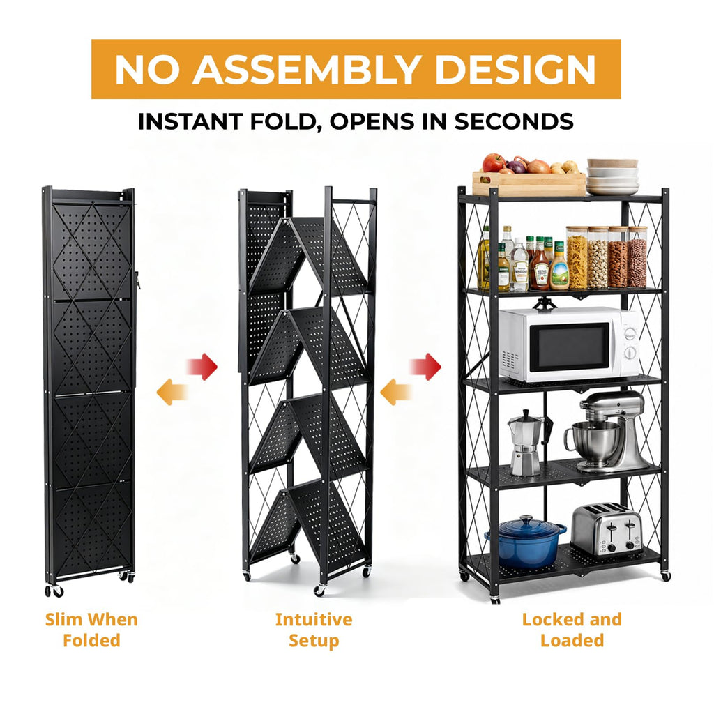 5 Tier Foldable Metal Storage Shelf with Wheels I73737