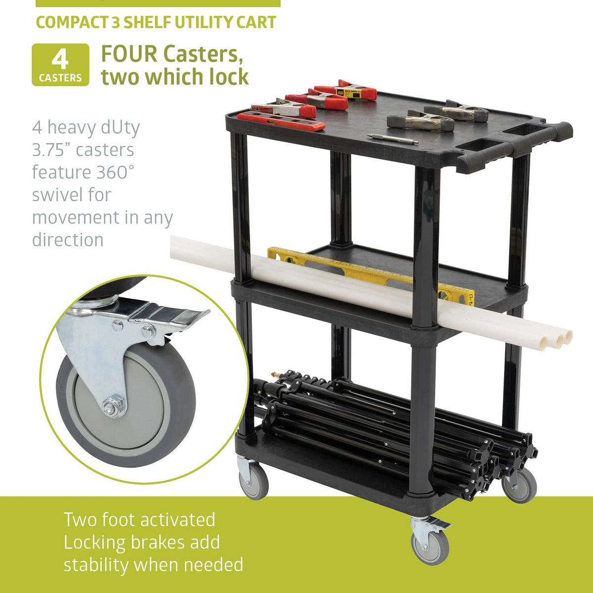 3-Tier Plastic Utility Cart with Lockable Wheels T676