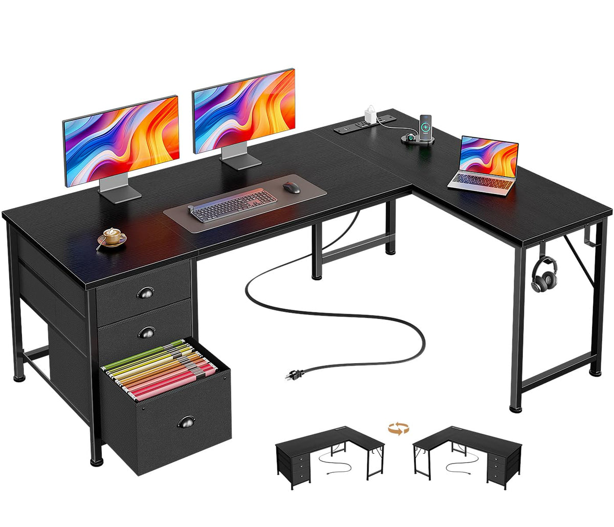 63" L Shaped Computer Desk with Outlets Black H396
