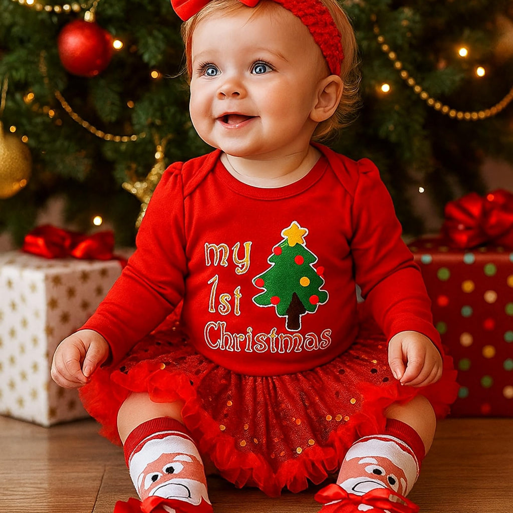 Baby Girls First Christmas Outfit Newborn Romper Tutu Dress with Shoes Headband Leg Warmer E3426