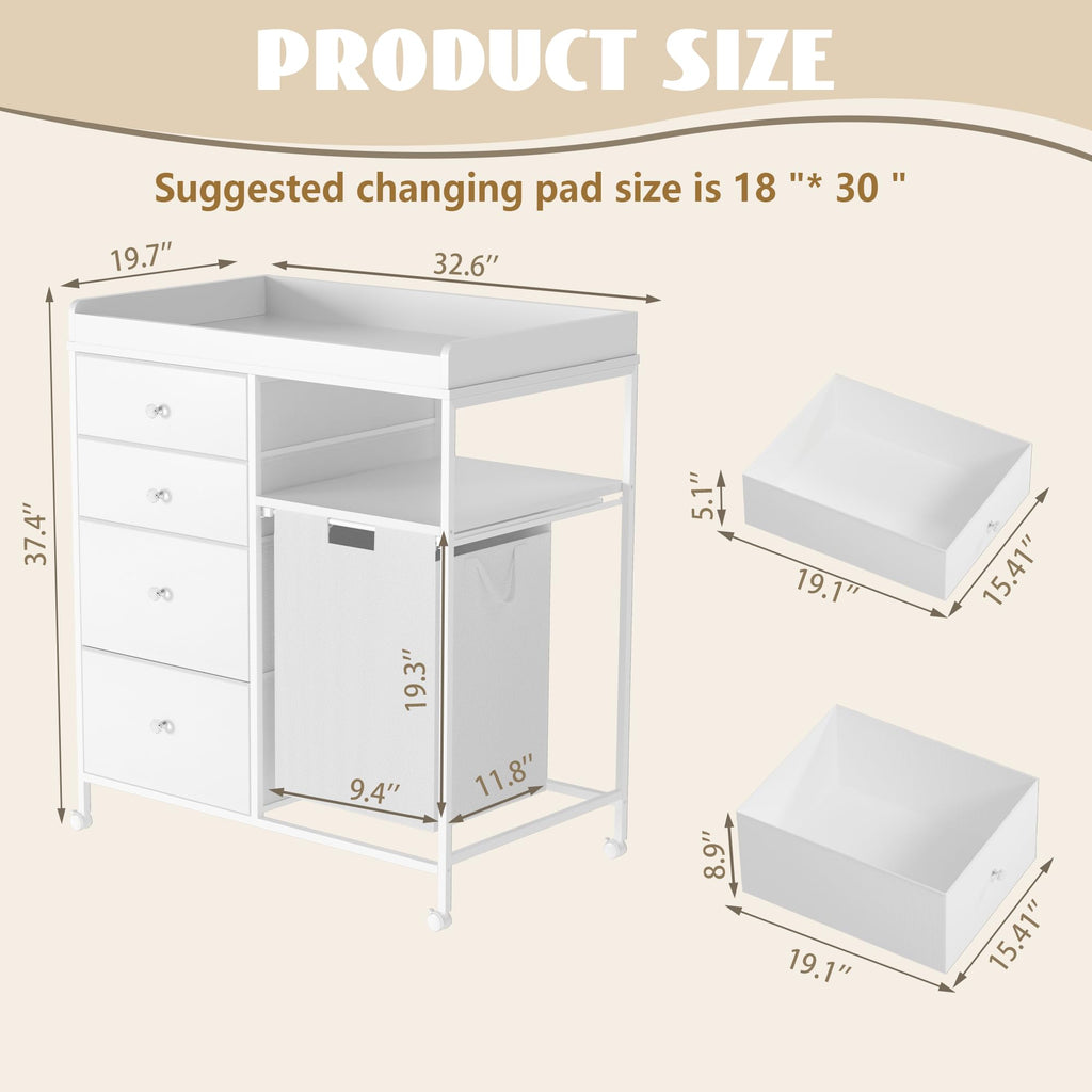 White 4 Drawer Changing Table Dresser with Laundry Hamper X3078