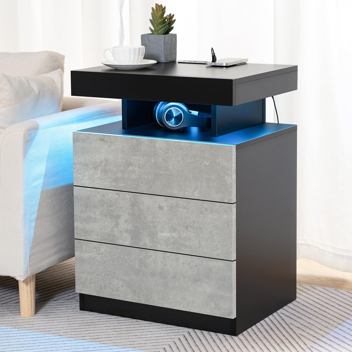 LED Nightstand with Wireless Charging Station & USB Ports, 3 Drawer High Gloss Gray U998200
