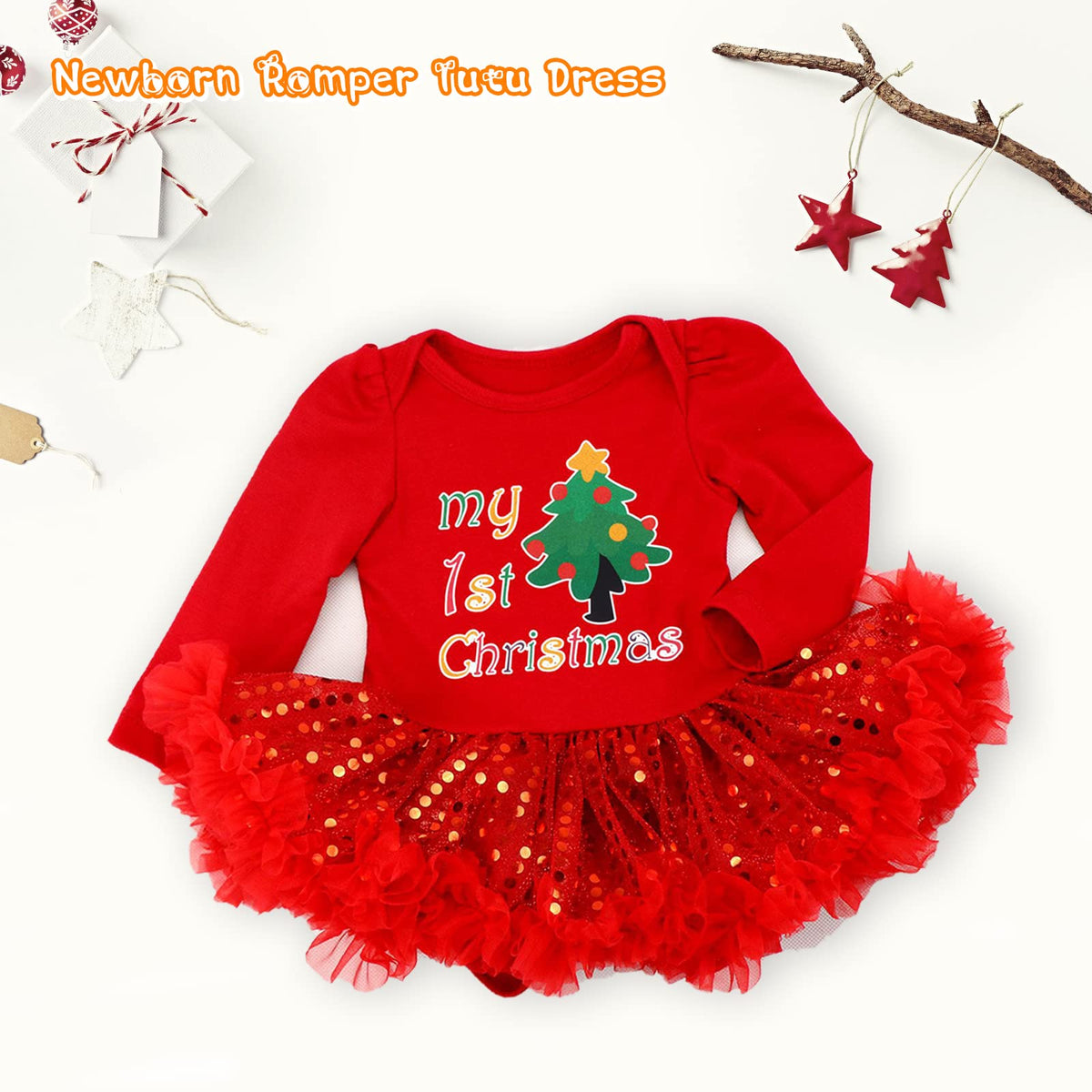 Baby Girls First Christmas Outfit Newborn Romper Tutu Dress with Shoes Headband Leg Warmer E3426