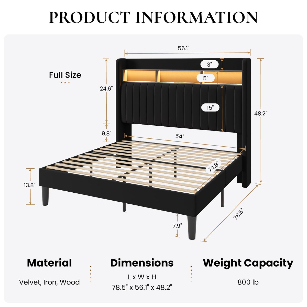 Full Size Velvet Upholstered Platform Bed Frame with Storage Shelf L21533