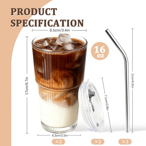 2 Packs Ribbed Glass Tumbler with Lid and Straw 16 oz U259