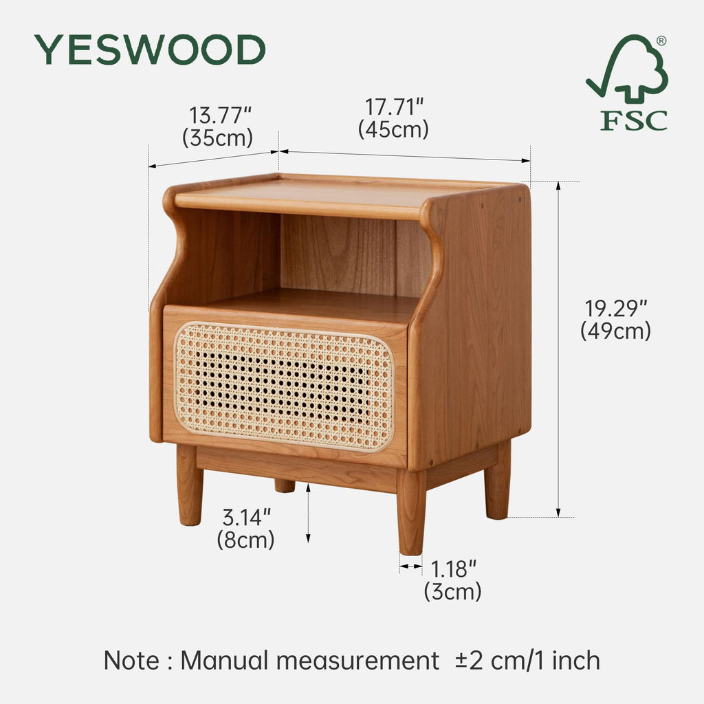 Cherry Wood Rattan Nightstand with Drawer X87835