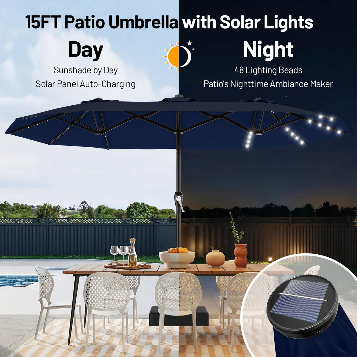 15FT Double Sided Solar Lights Patio Umbrella O301