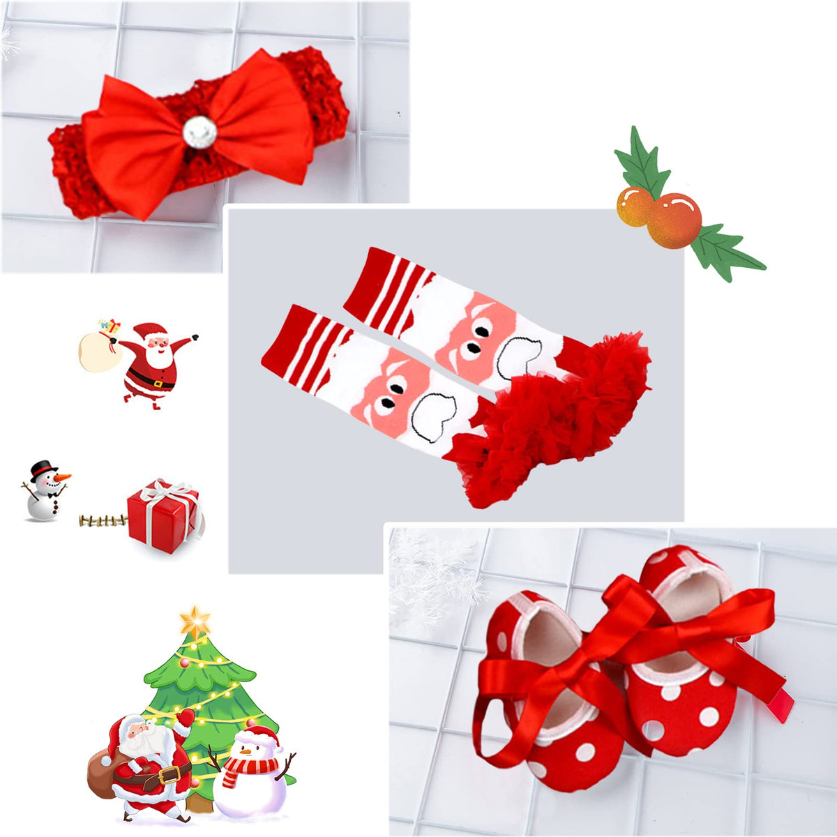 Baby Girls First Christmas Outfit Newborn Romper Tutu Dress with Shoes Headband Leg Warmer E3426