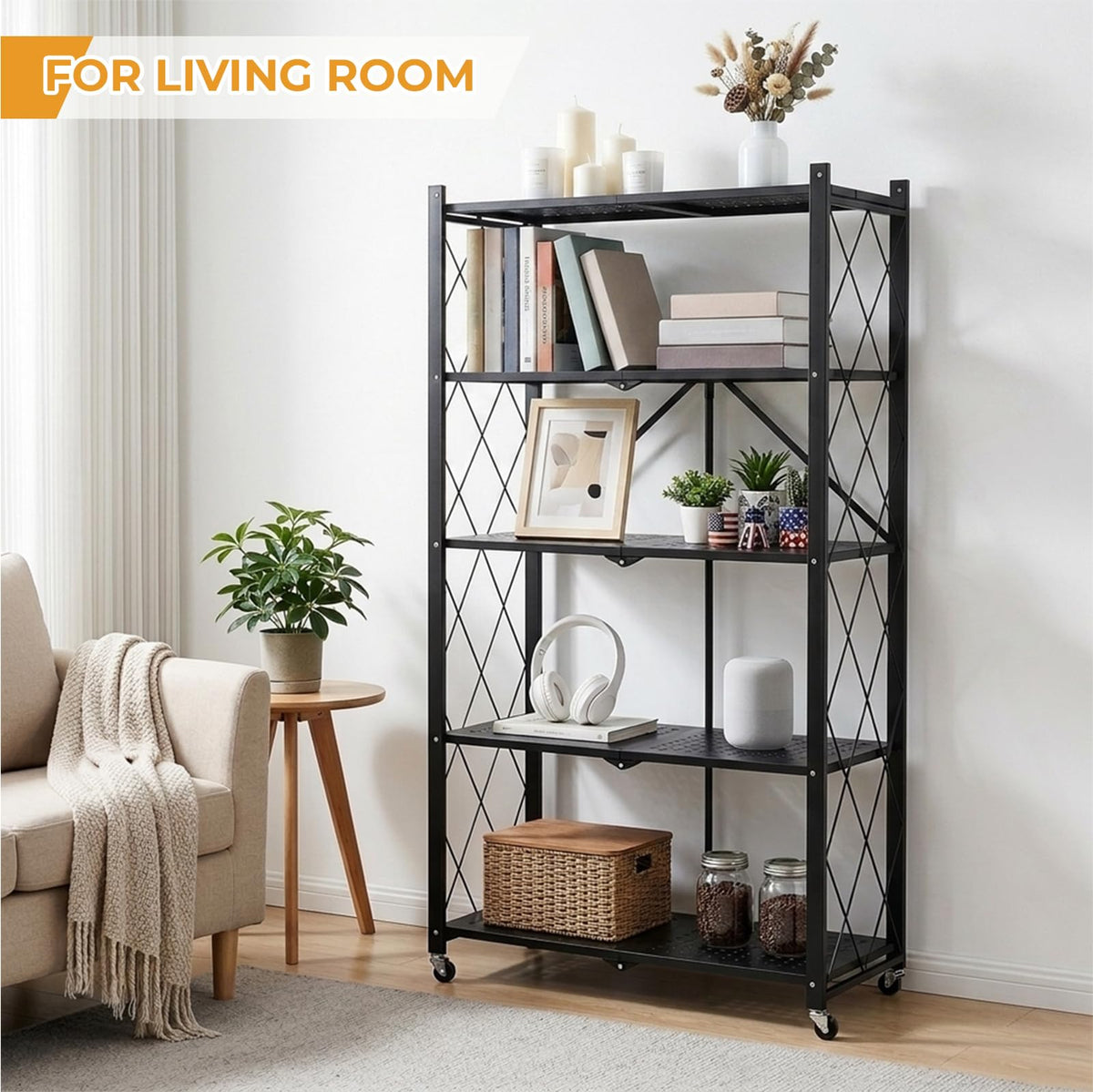 5 Tier Foldable Metal Storage Shelf with Wheels I73737
