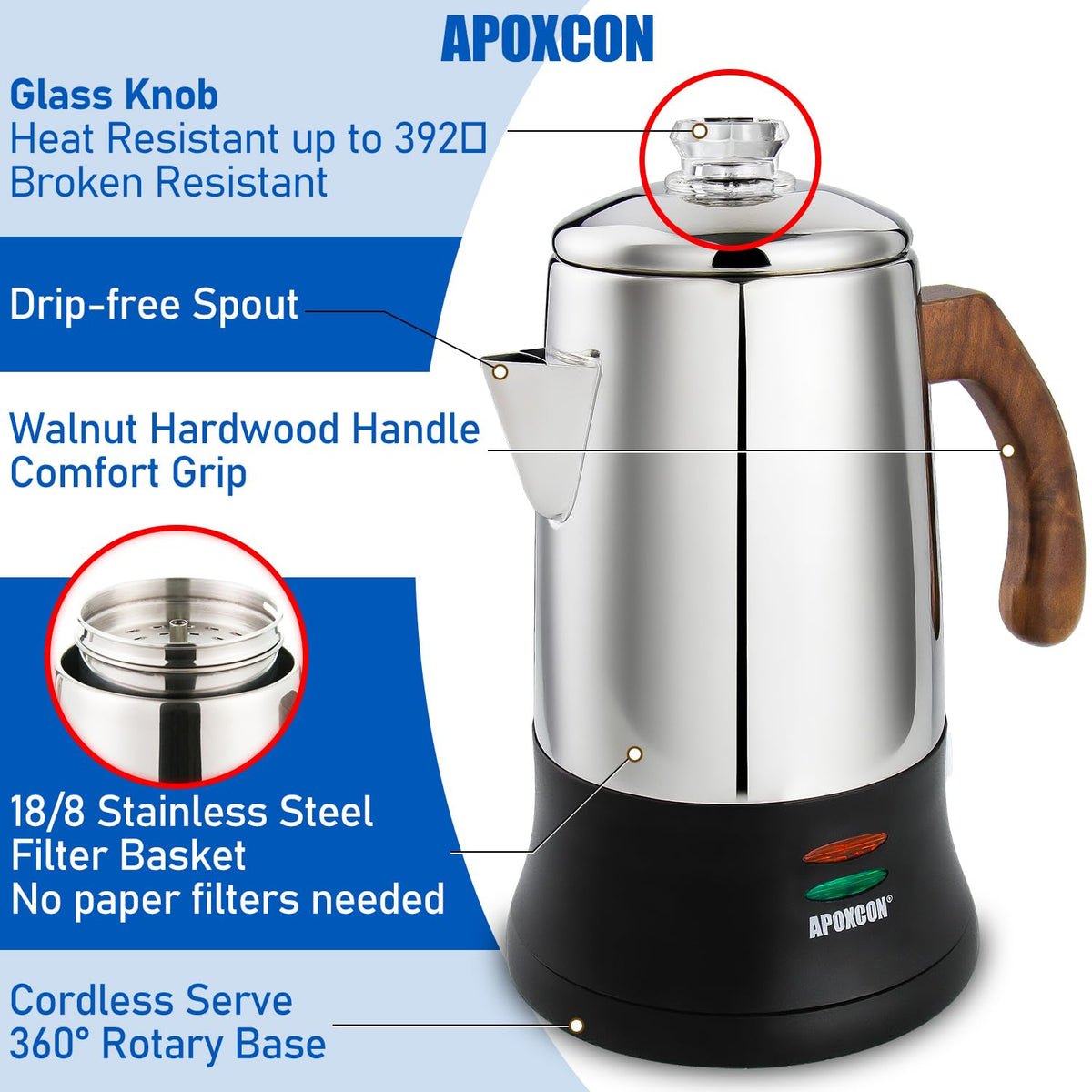 6 Cup Stainless Steel Electric Coffee Percolator D626