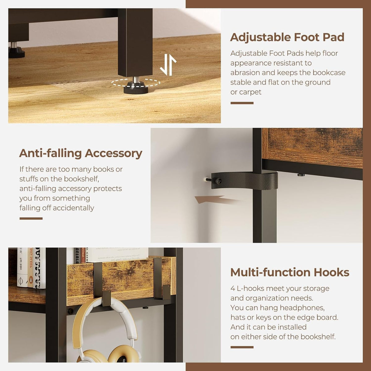 L-Shaped Corner Bookshelf 5 Tier Industrial Bookcase with 4 Hooks G639