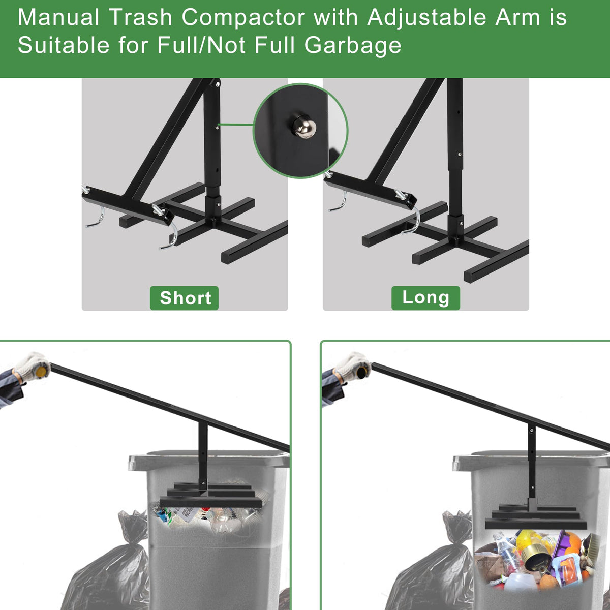 Black Manual Trash Compactor Adjustable Handle W4457