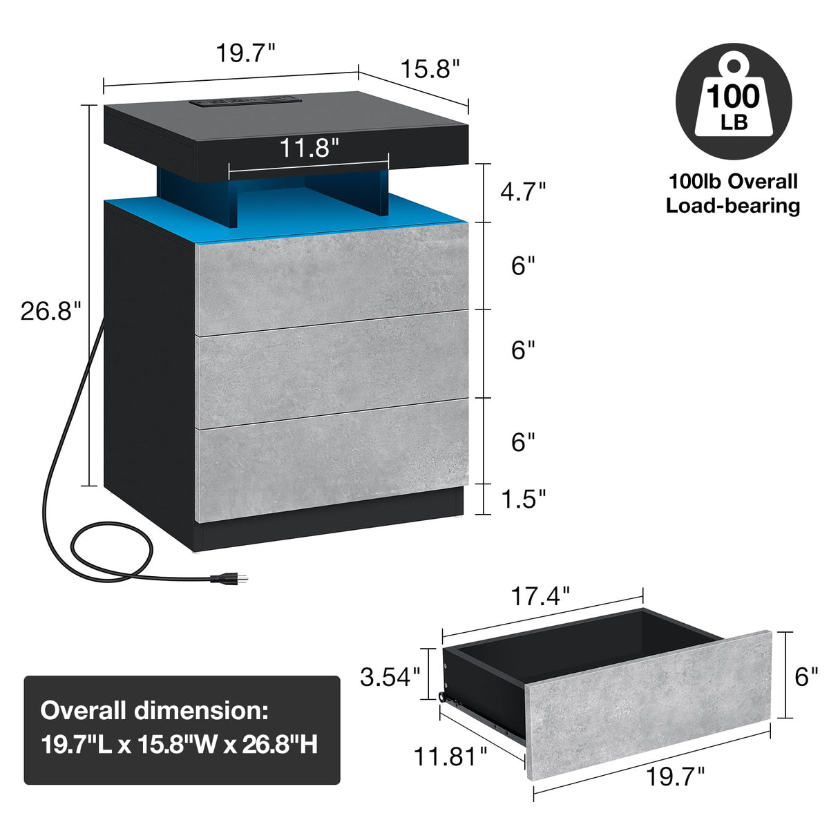 LED Nightstand with Wireless Charging Station & USB Ports, 3 Drawer High Gloss Gray U998200