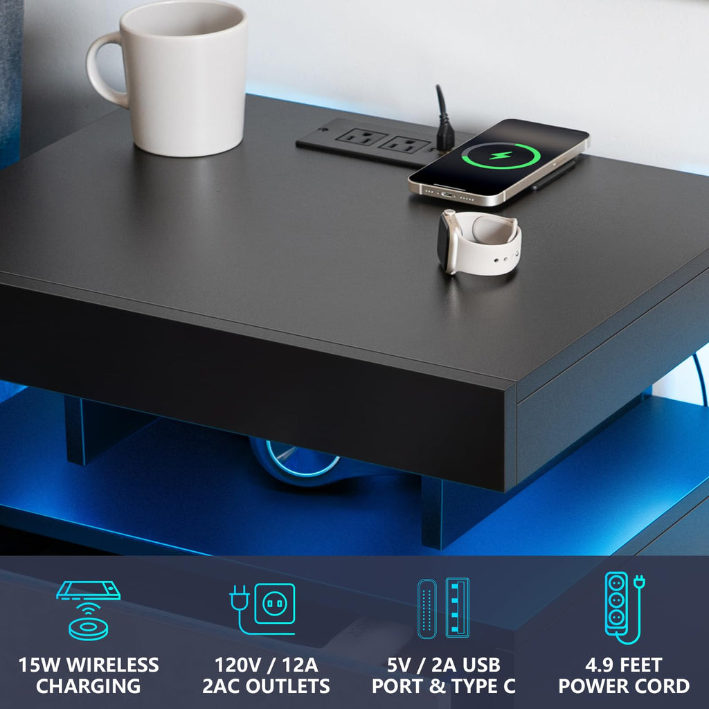 LED Nightstand with Wireless Charging Station & USB Ports, 3 Drawer High Gloss Gray U998200