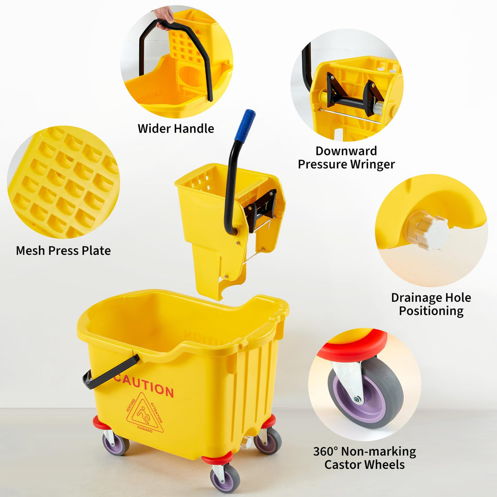Yellow 35 Quart Commercial Mop Bucket with Side Press Wringer on Wheels V159