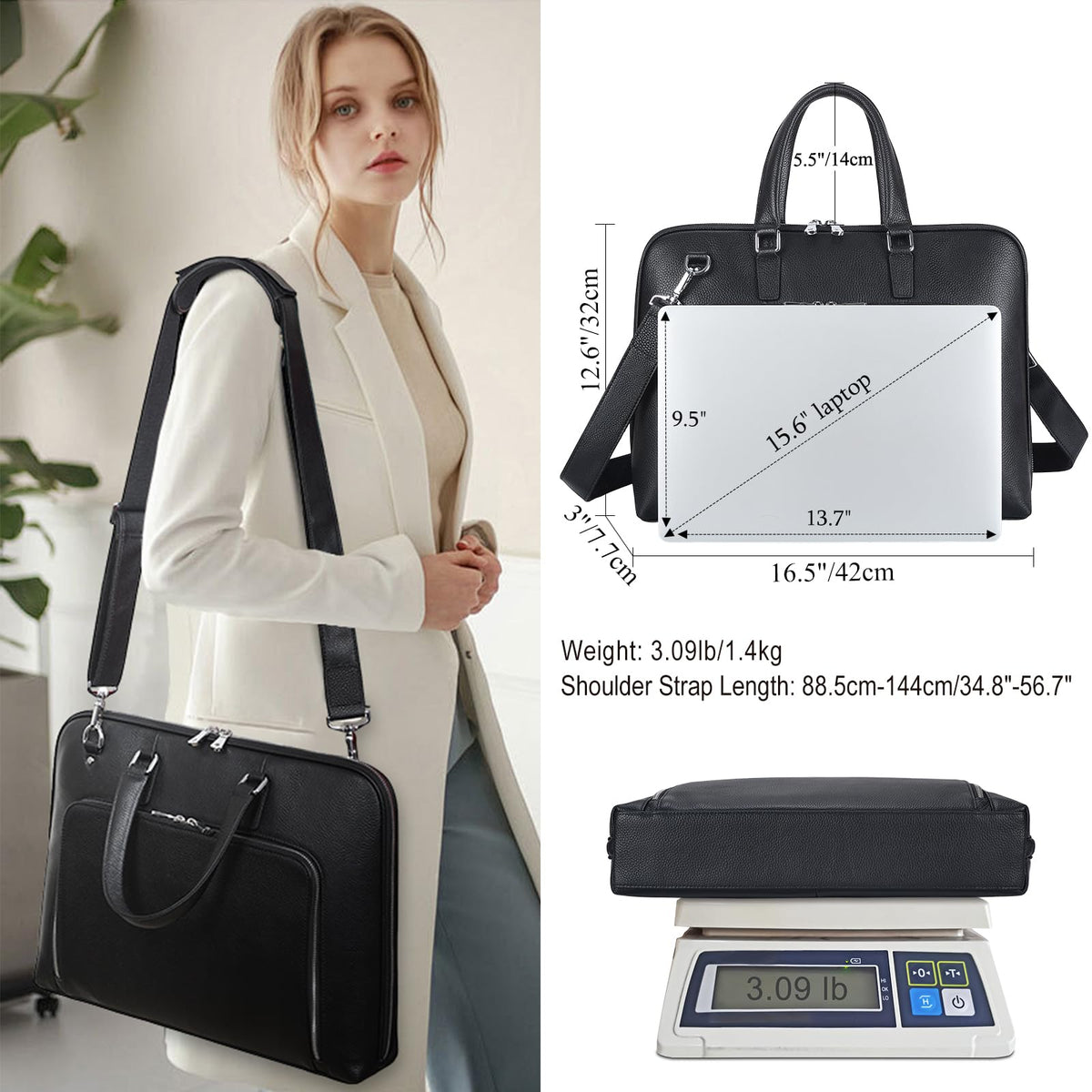 Black Leather 16" Laptop Briefcase Bag E746933