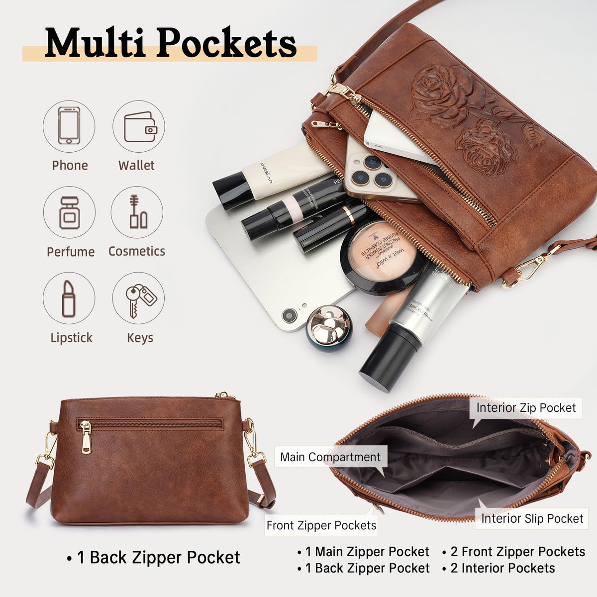 Floral Embossed Vegan Leather Crossbody Bag B354