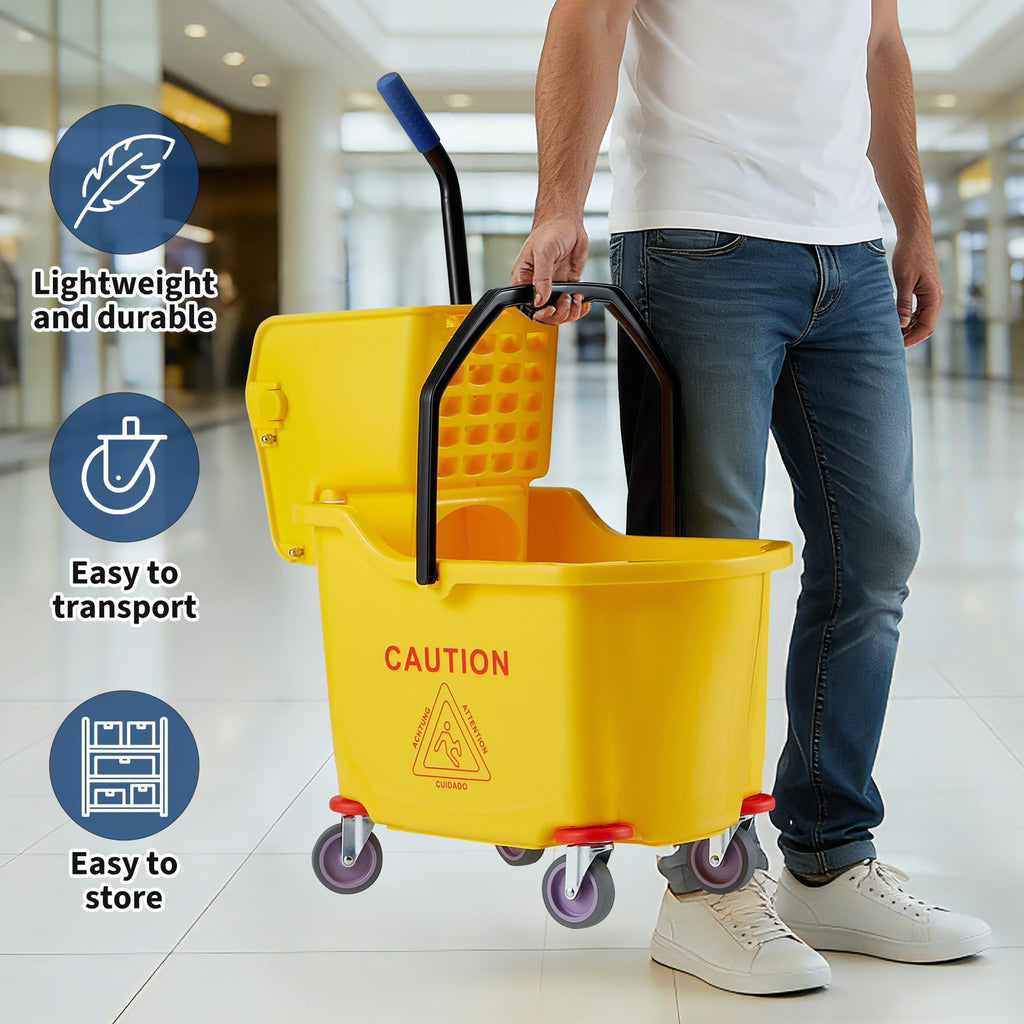 Yellow 35 Quart Commercial Mop Bucket with Side Press Wringer on Wheels V159