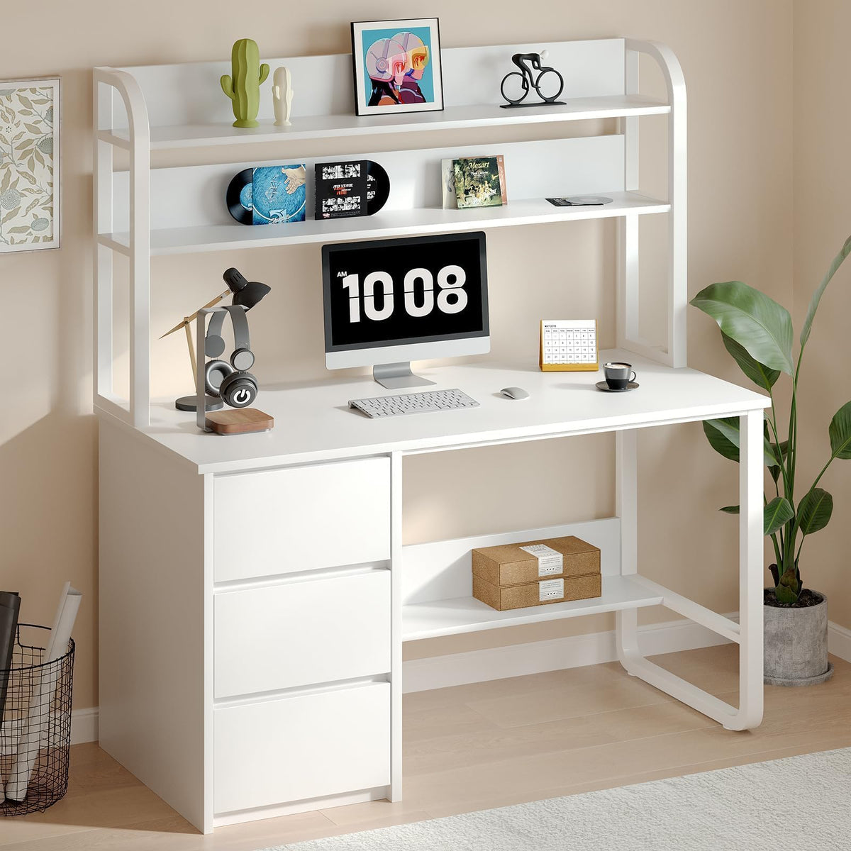 White Desk with Hutch, 47 Inch Computer Desk with 3 Drawers X630