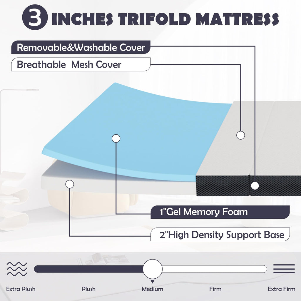 Memory Foam Folding Mattress Full 3 Inch Trifold with Washable Cover E21904