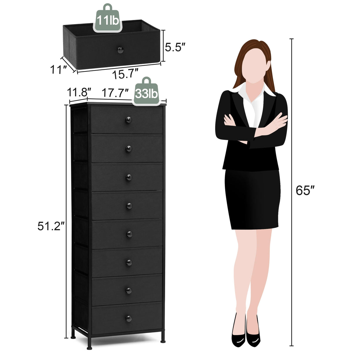 Black 8 Drawer Fabric Dresser M14078