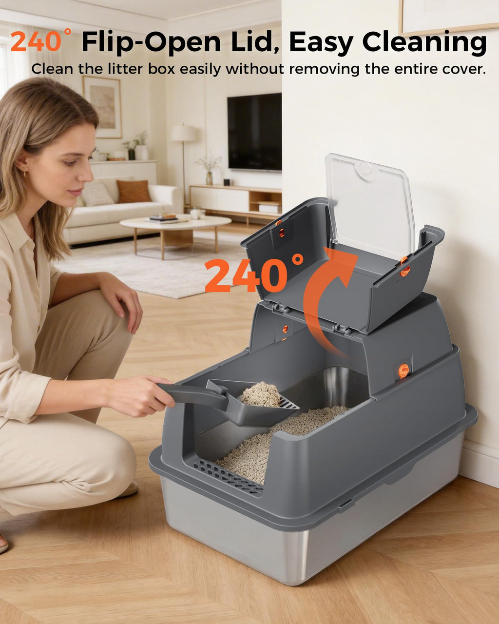 XXL Stainless Steel Enclosed Cat Litter Box with Lid, Mat & Scoop O551