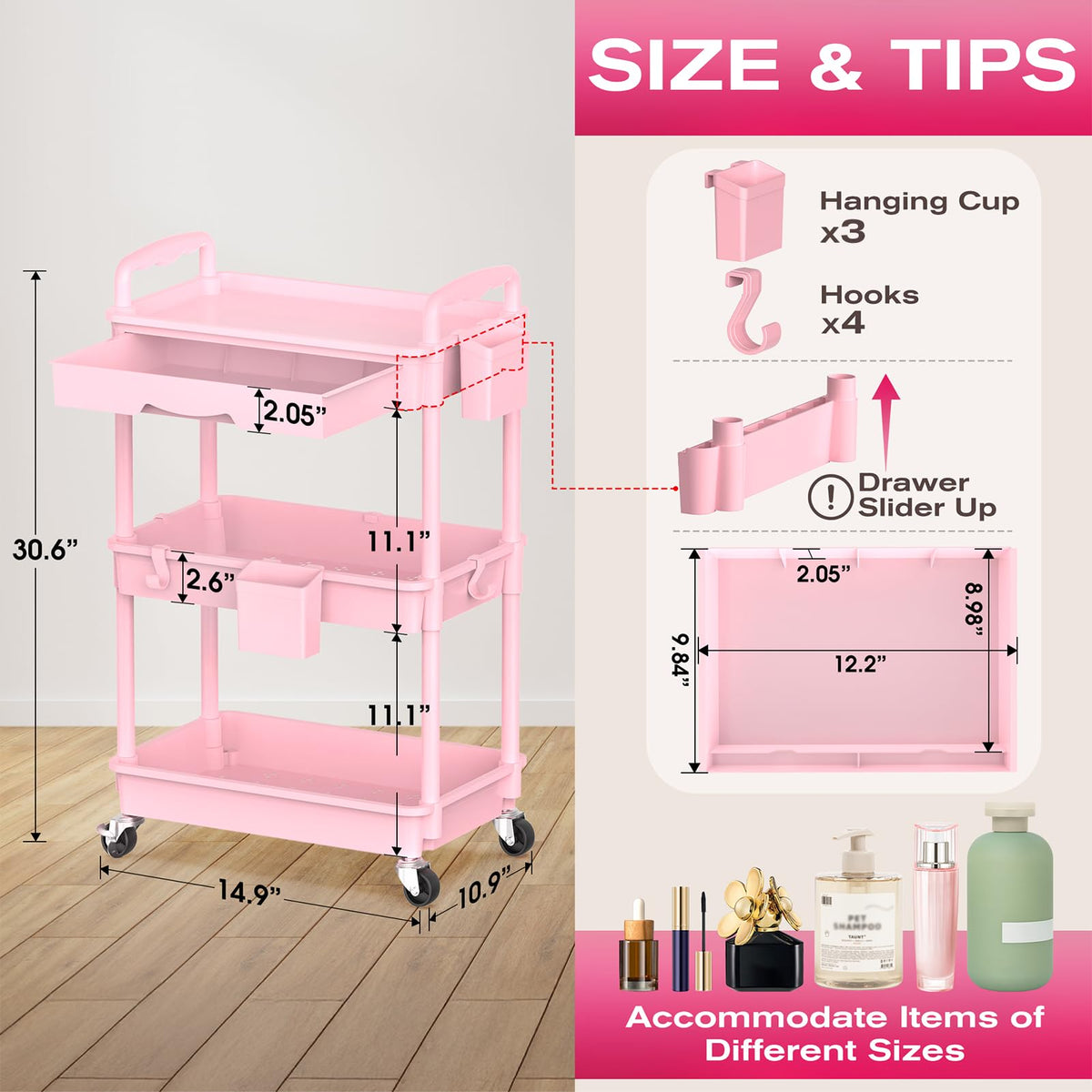 Pink 3 Tier Rolling Makeup Organizer Cart Y683933