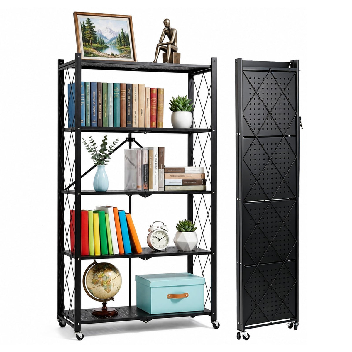 5 Tier Foldable Metal Storage Shelf with Wheels I73737