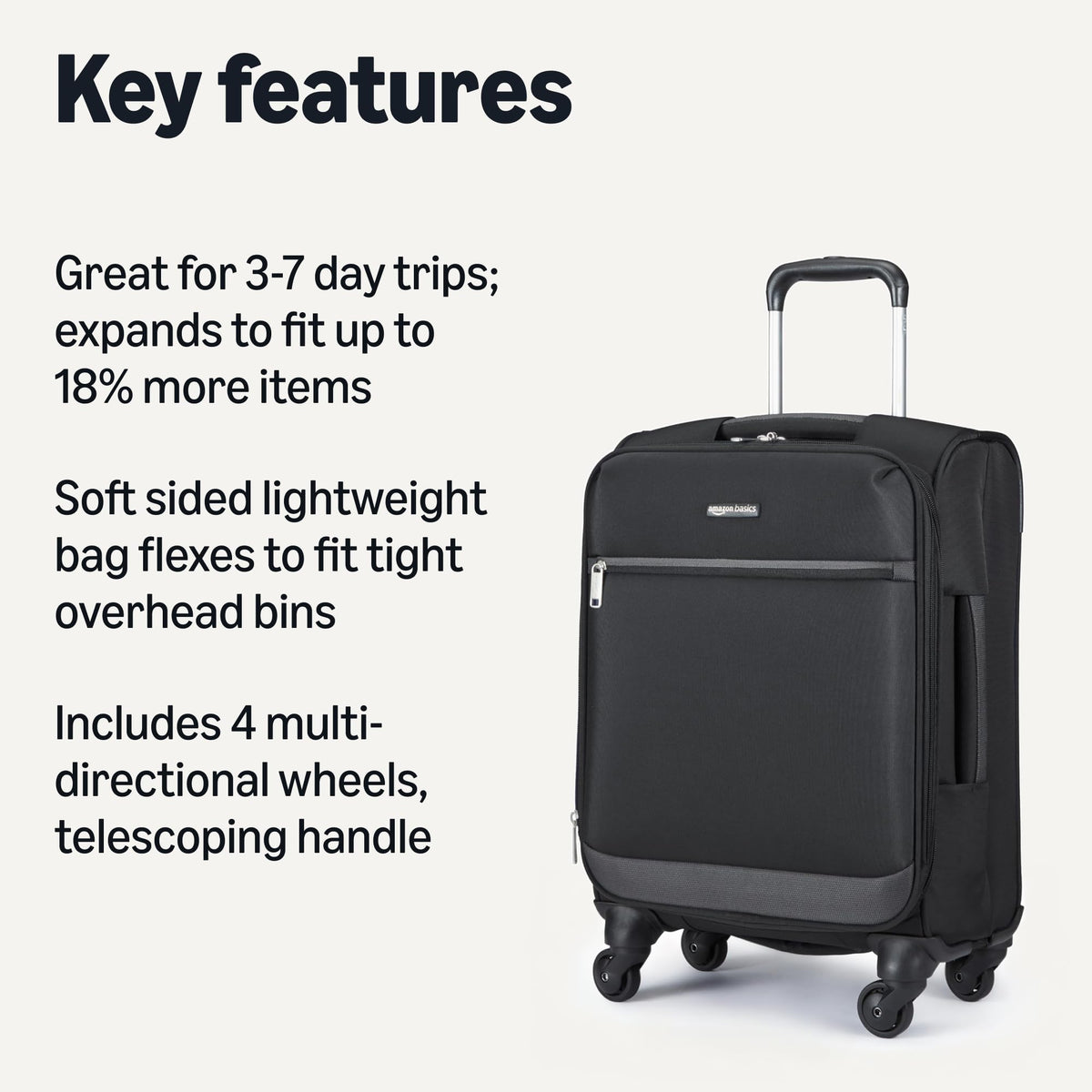 18" Medium Expandable Softside Suitcase with Spinner Wheels, Black T333