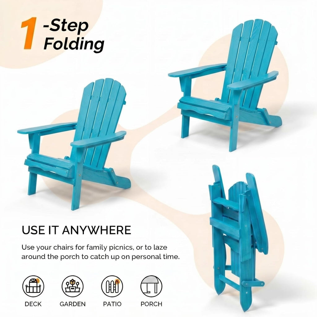 Folding Adirondack Chairs Set of 2 Solid Wood Turquoise Blue Y2810