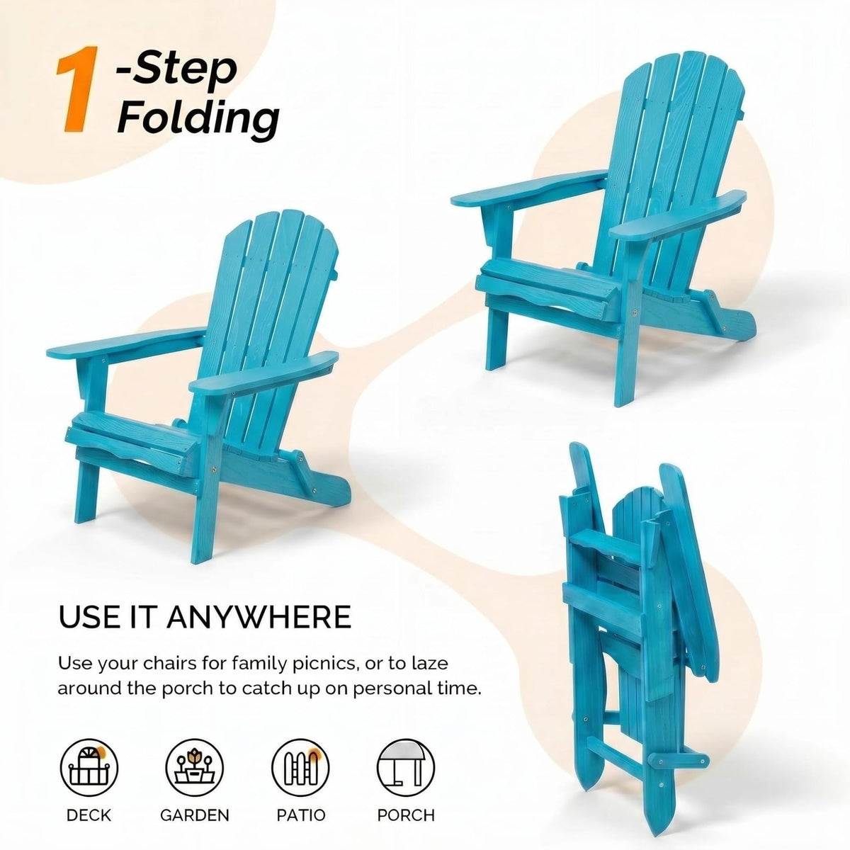 Folding Adirondack Chairs Set of 2 Solid Wood Turquoise Blue Y2810