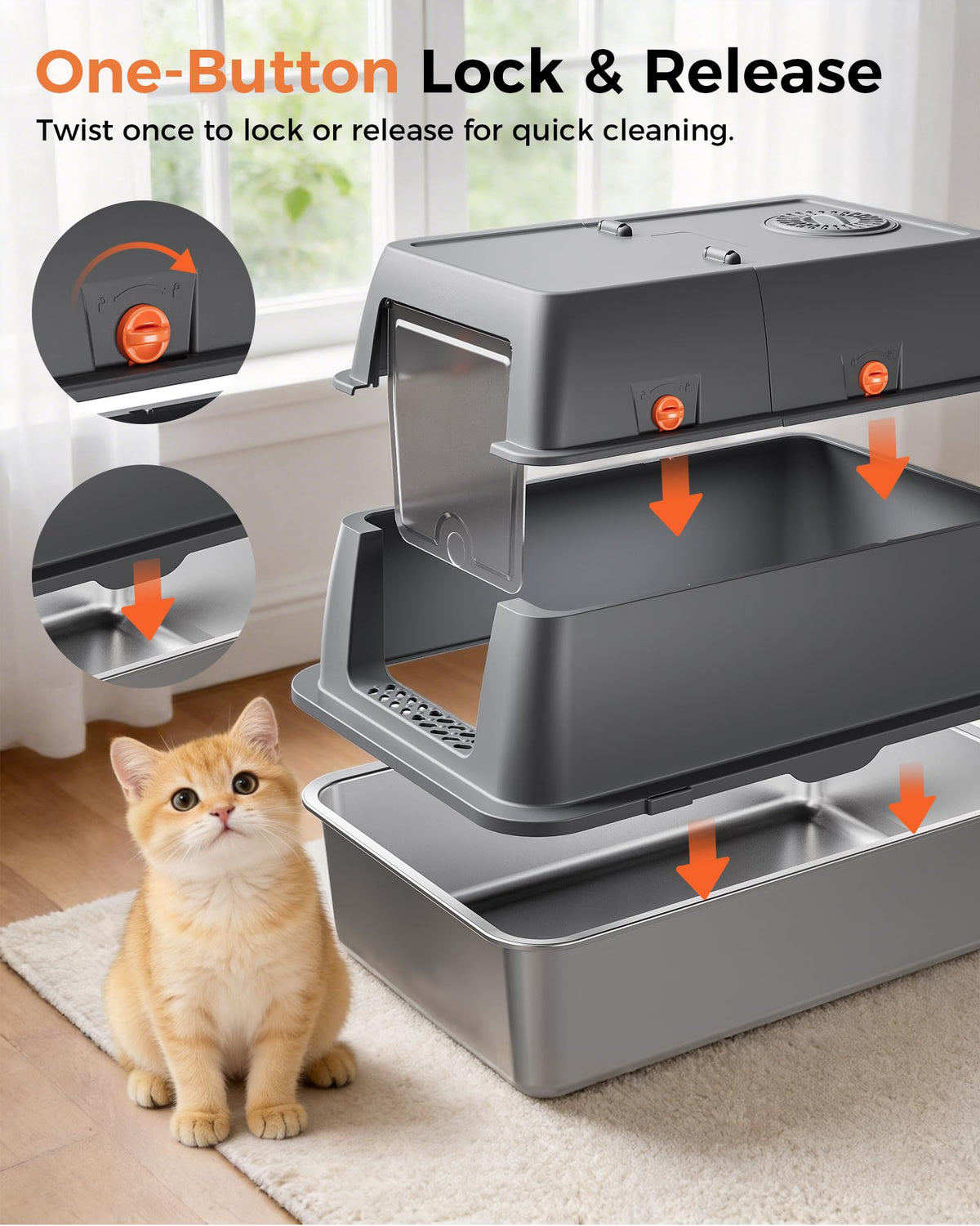 XXL Stainless Steel Enclosed Cat Litter Box with Lid, Mat & Scoop O551