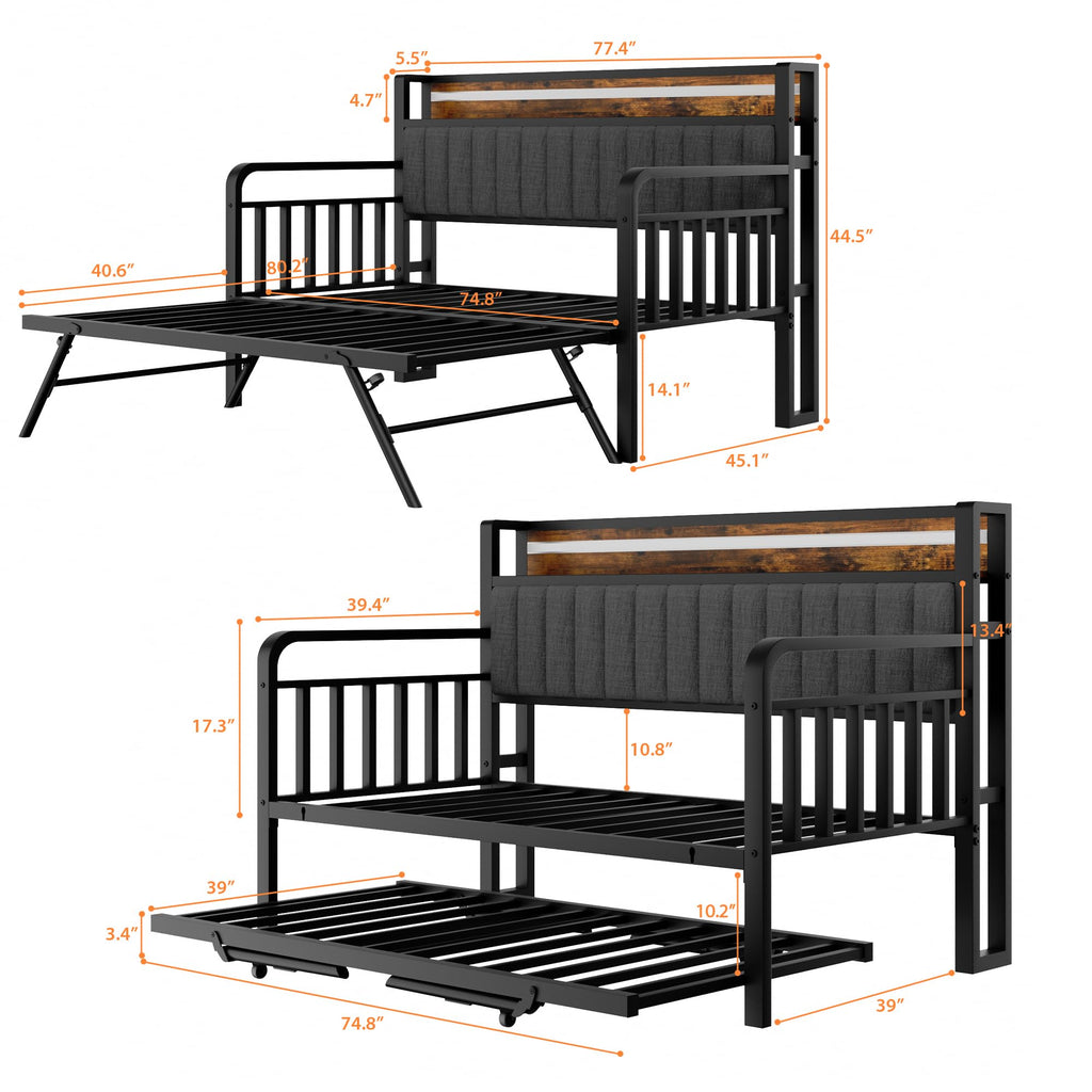 Brown Metal Daybed with Trundle and Storage Headboard H361
