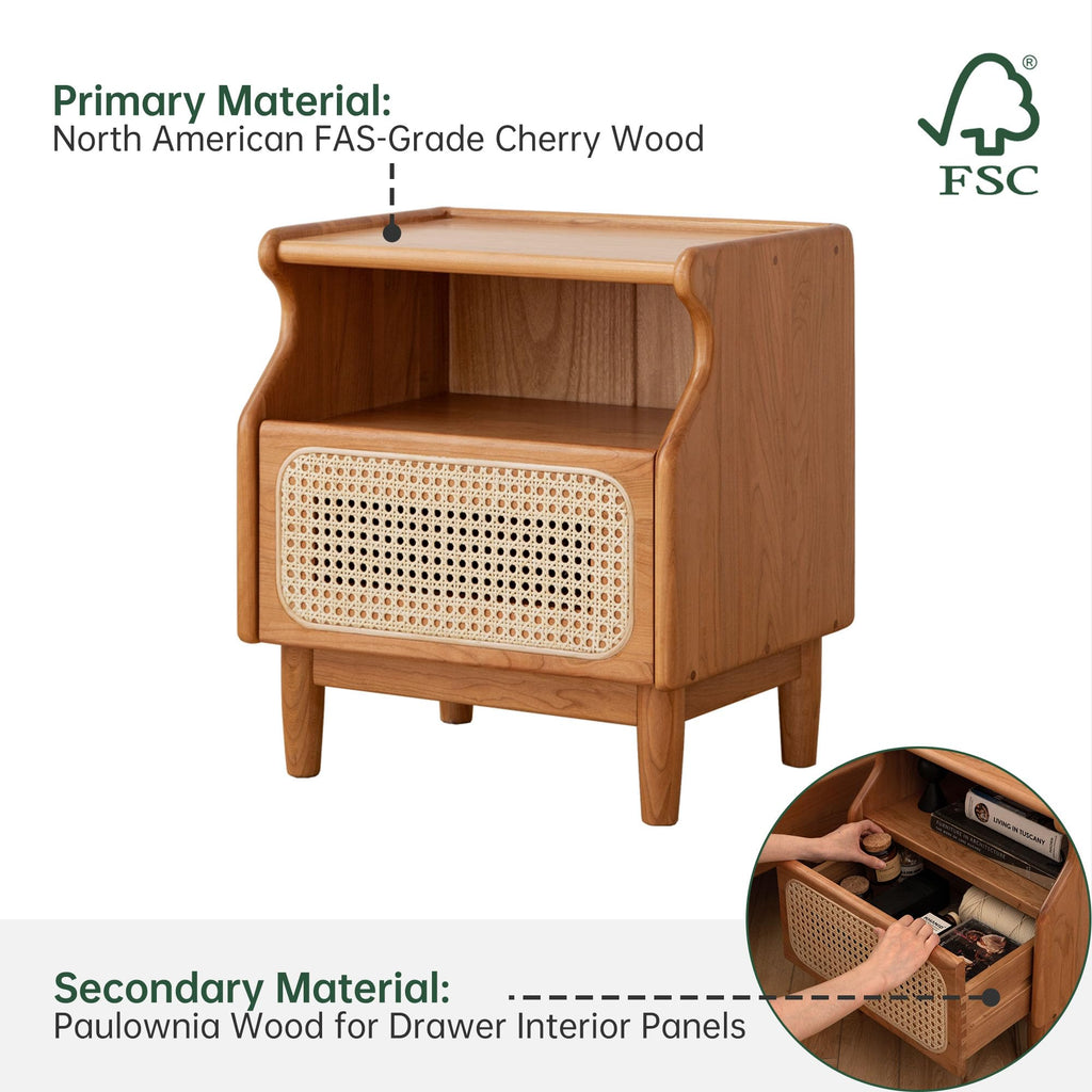 Cherry Wood Rattan Nightstand with Drawer X87835