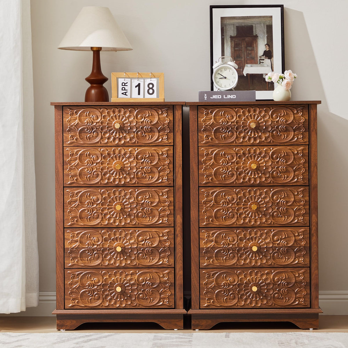 5 Drawer Narrow Wooden Dresser with Gold Handles N395304