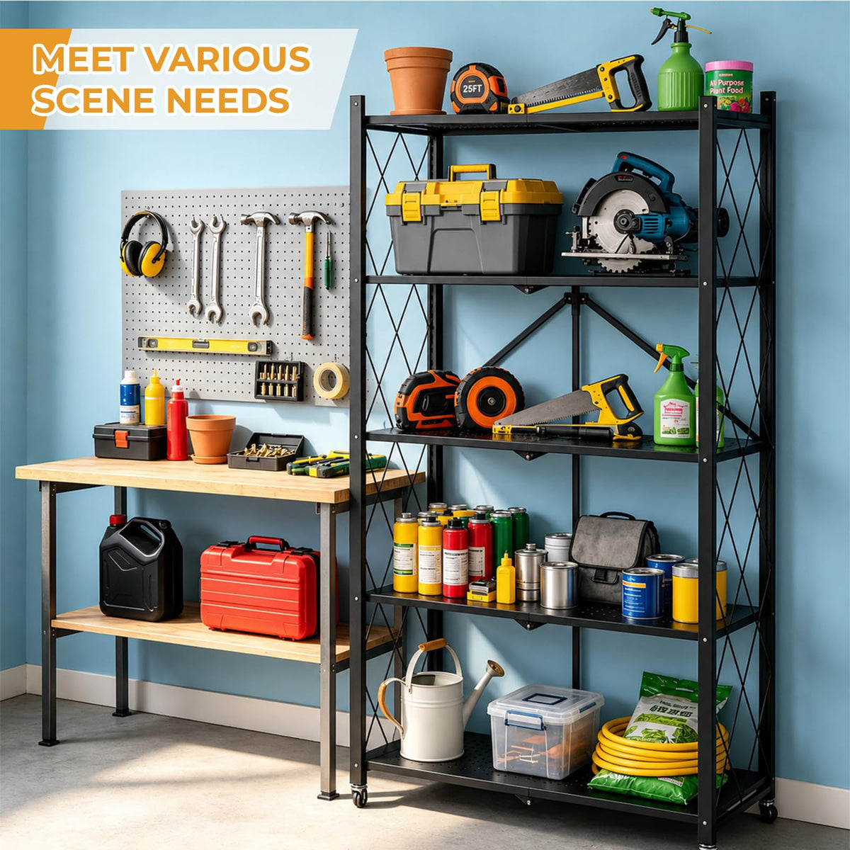 5 Tier Foldable Metal Storage Shelf with Wheels I73737