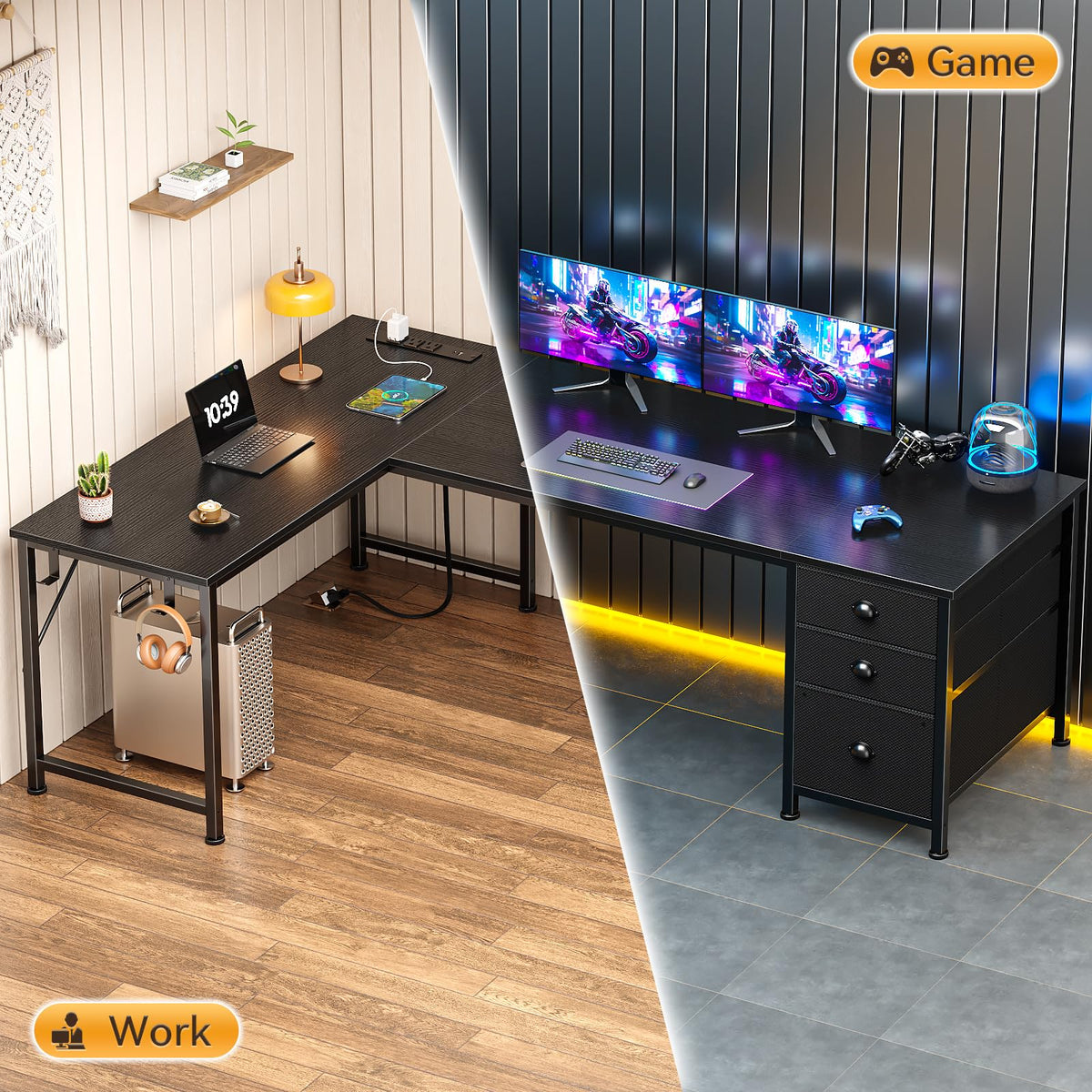 63" L Shaped Computer Desk with Outlets Black H396