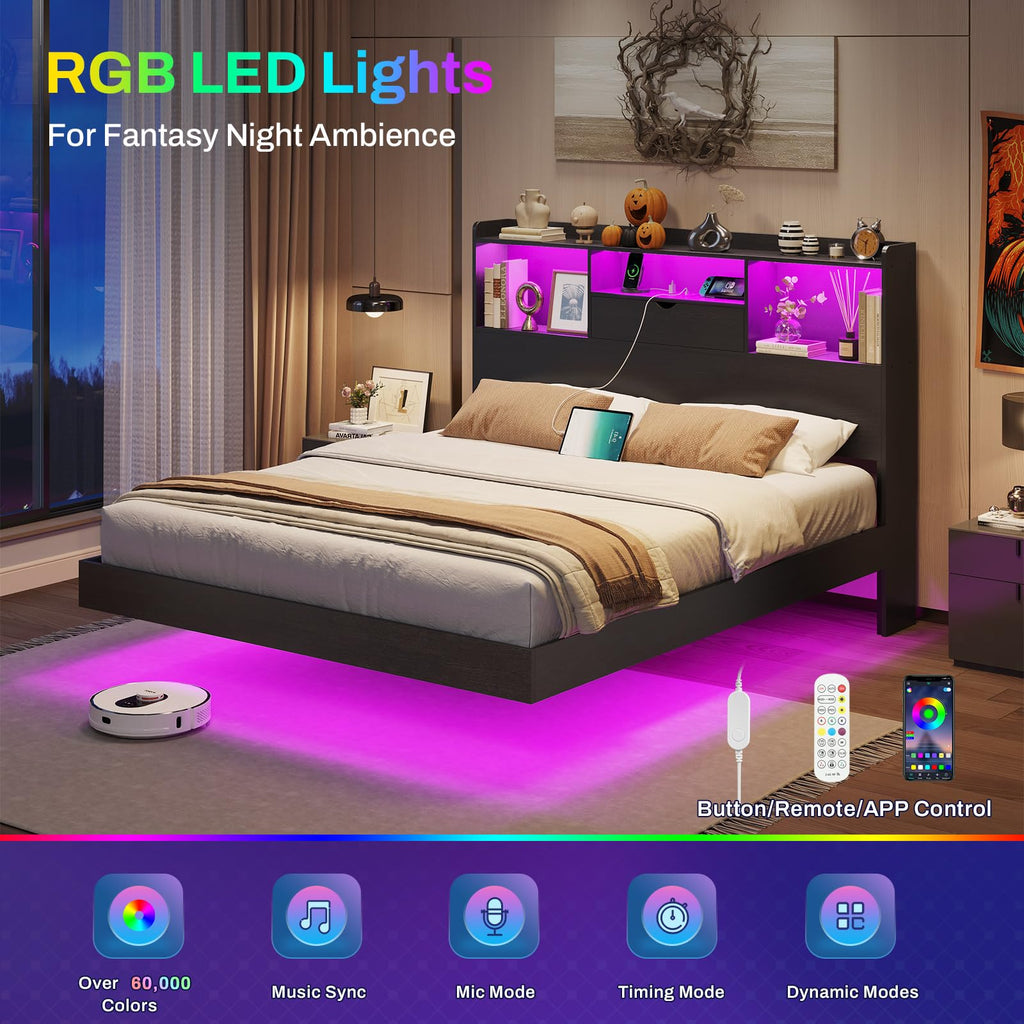 Queen Size Metal Platform Bed Frame with LED Lights and Storage Headboard U326