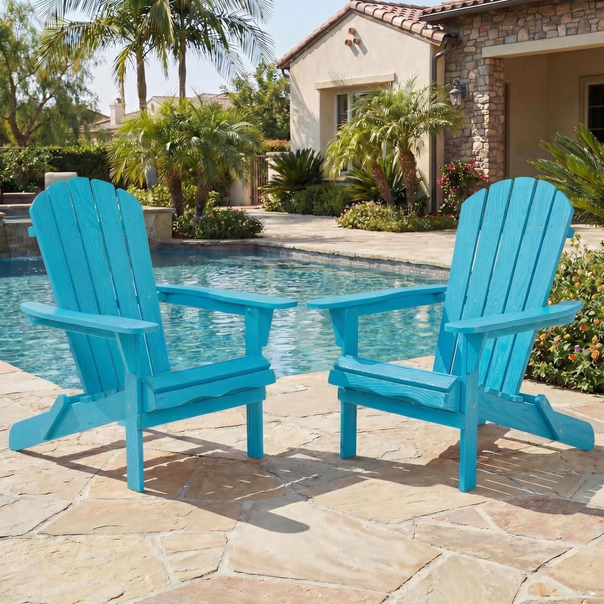 Folding Adirondack Chairs Set of 2 Solid Wood Turquoise Blue Y2810