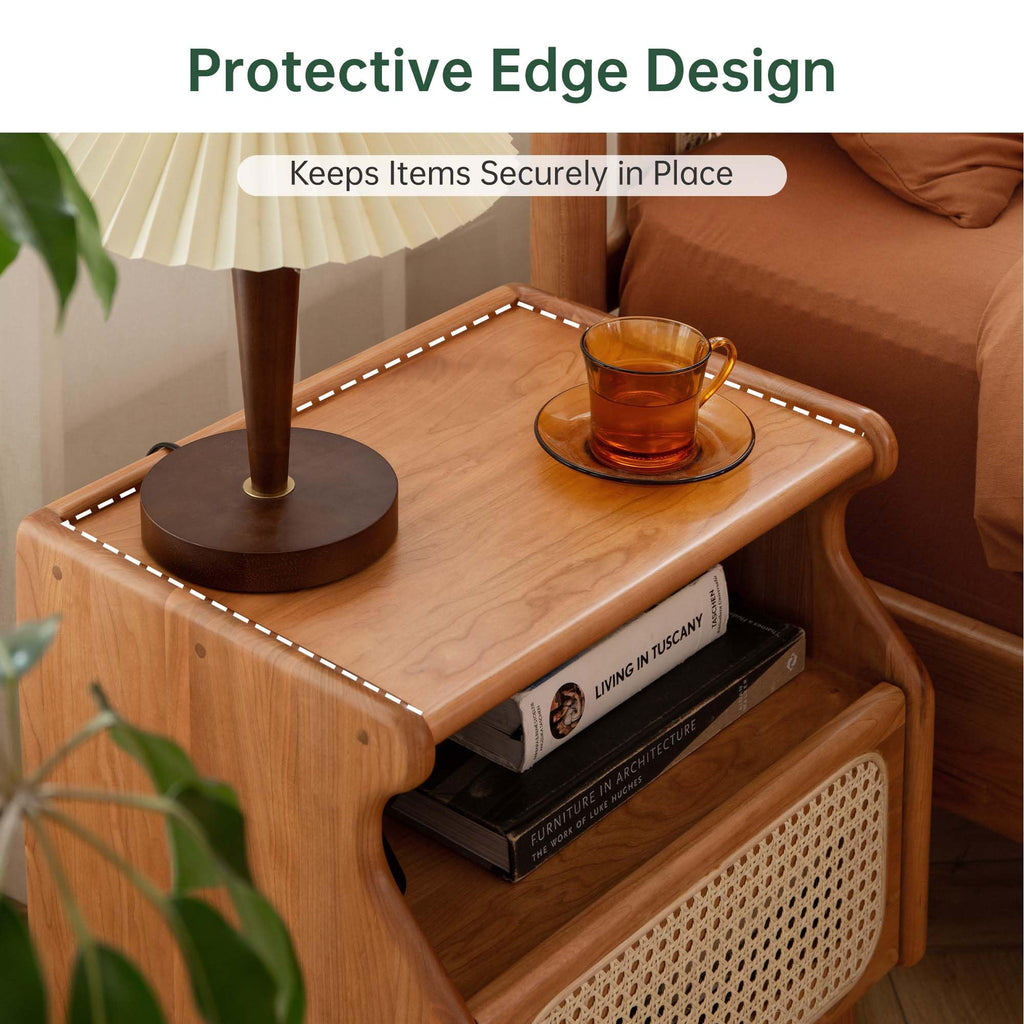 Cherry Wood Rattan Nightstand with Drawer X87835