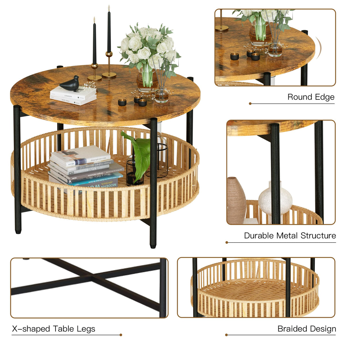 3 Pieces 2 Tier Round Rattan Coffee Table Set with Metal Frame M901255