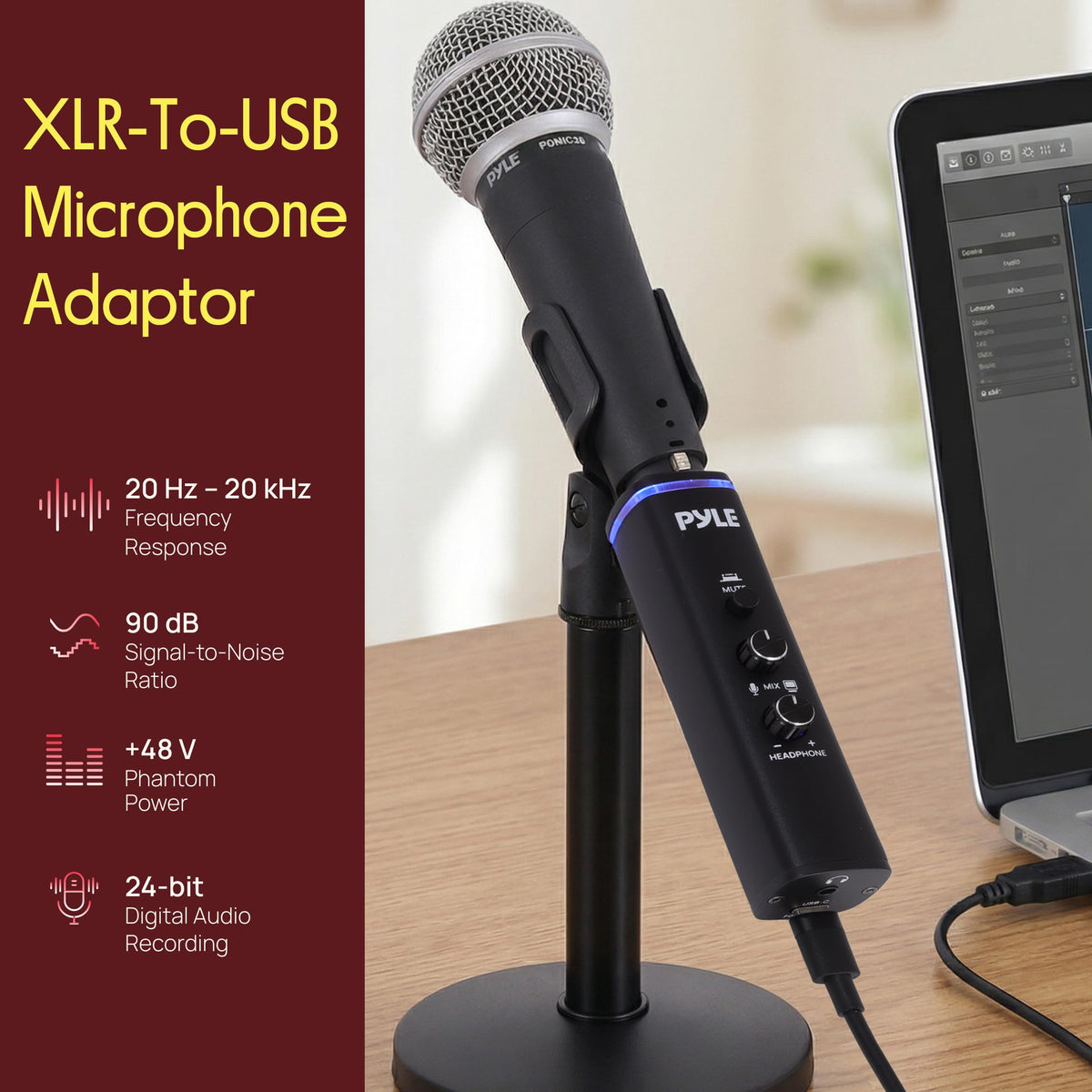 XLR-to-USB Microphone Signal Adapter with Phantom Power L13384