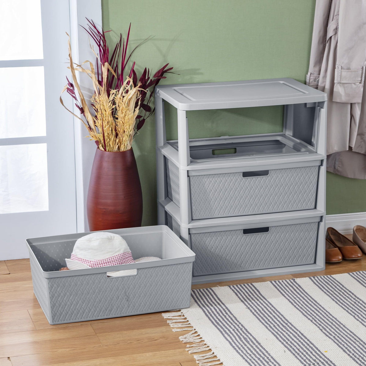 3 Drawer Plastic Storage Tower with Removable Bins, Gray, 2 Pack V82970